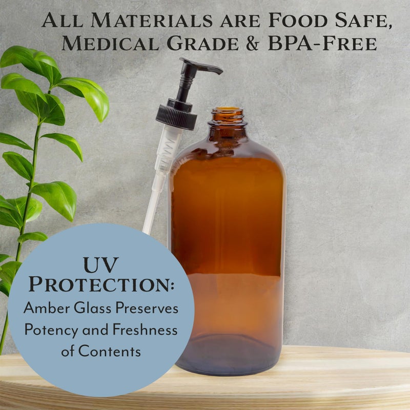 Cornucopia Brands 32-Ounce Amber Glass Lotion Pump Bottles (2-Pack); Quart Size Brown Bottles w/Black Plastic Locking Pump Dispensers; Includes Chalk Labels - Image 5